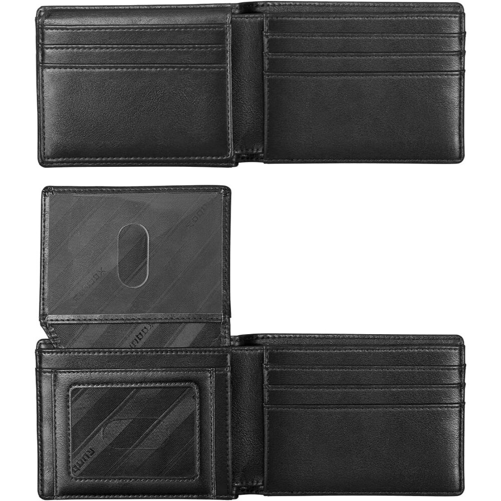 ⚡Runbox Men Classic Black Leather Slim Leather‎ 2 ID Window Gift Box Wallet